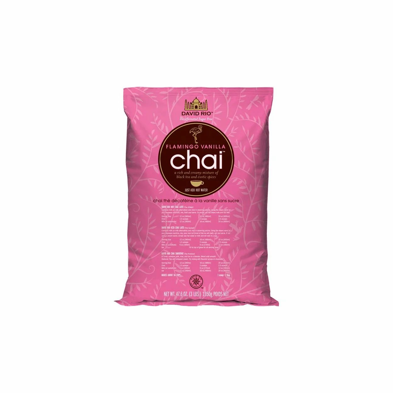 Rosa Beutel mit Aufdruck. Oben steht "David Rio". In einem Kreis steht "Flamingo Vanilla Chai". Darunter Text und Nährwertangaben.