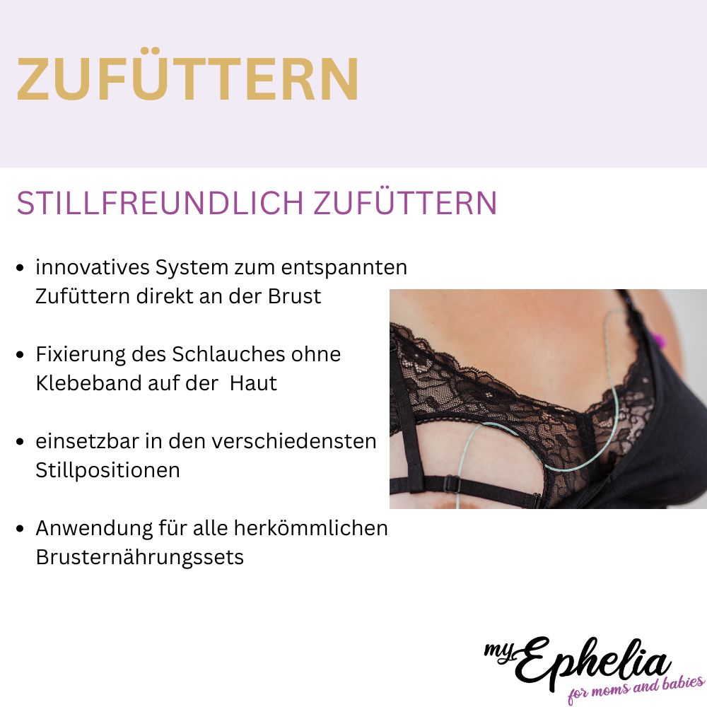 Schwarzer Still-BH mit Spitze. Innovatives System zum Zufüttern. Für Brusternährungssets geeignet. myEphelia Logo.