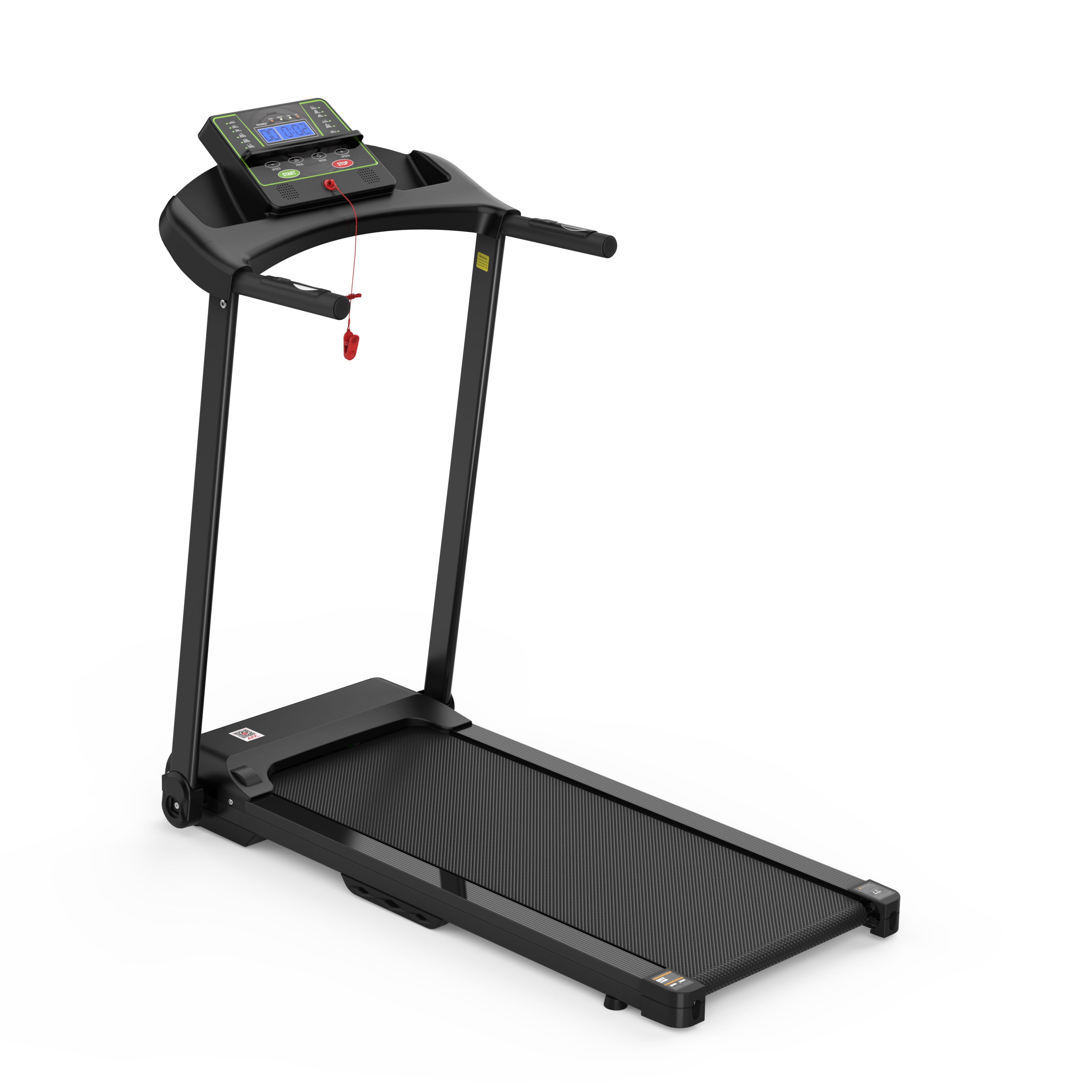 Schwarzes Laufband mit Display und Haltegriffen. Roter Sicherheitsclip.