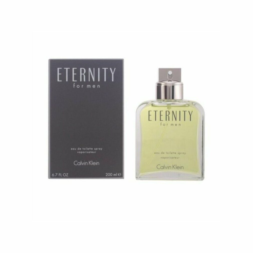 Flakon und Verpackung. Flakon: eckig, Glas, silberner Zerstäuber. Verpackung: grau. Aufschrift: Eternity for Men, Calvin Klein.