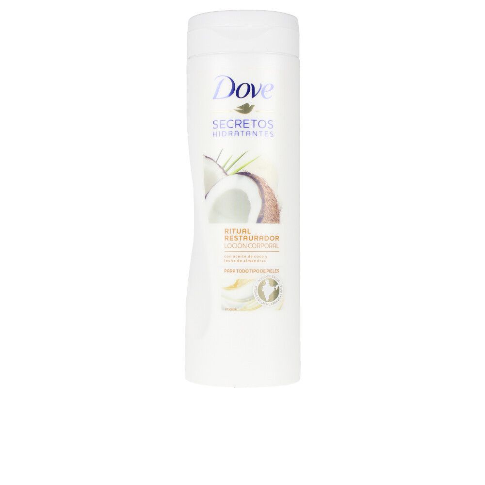 Weiße Flasche mit Dove-Logo und Aufschrift. Kokosnuss- und Mandel-Körperlotion. Produktname und Inhaltsstoffe.