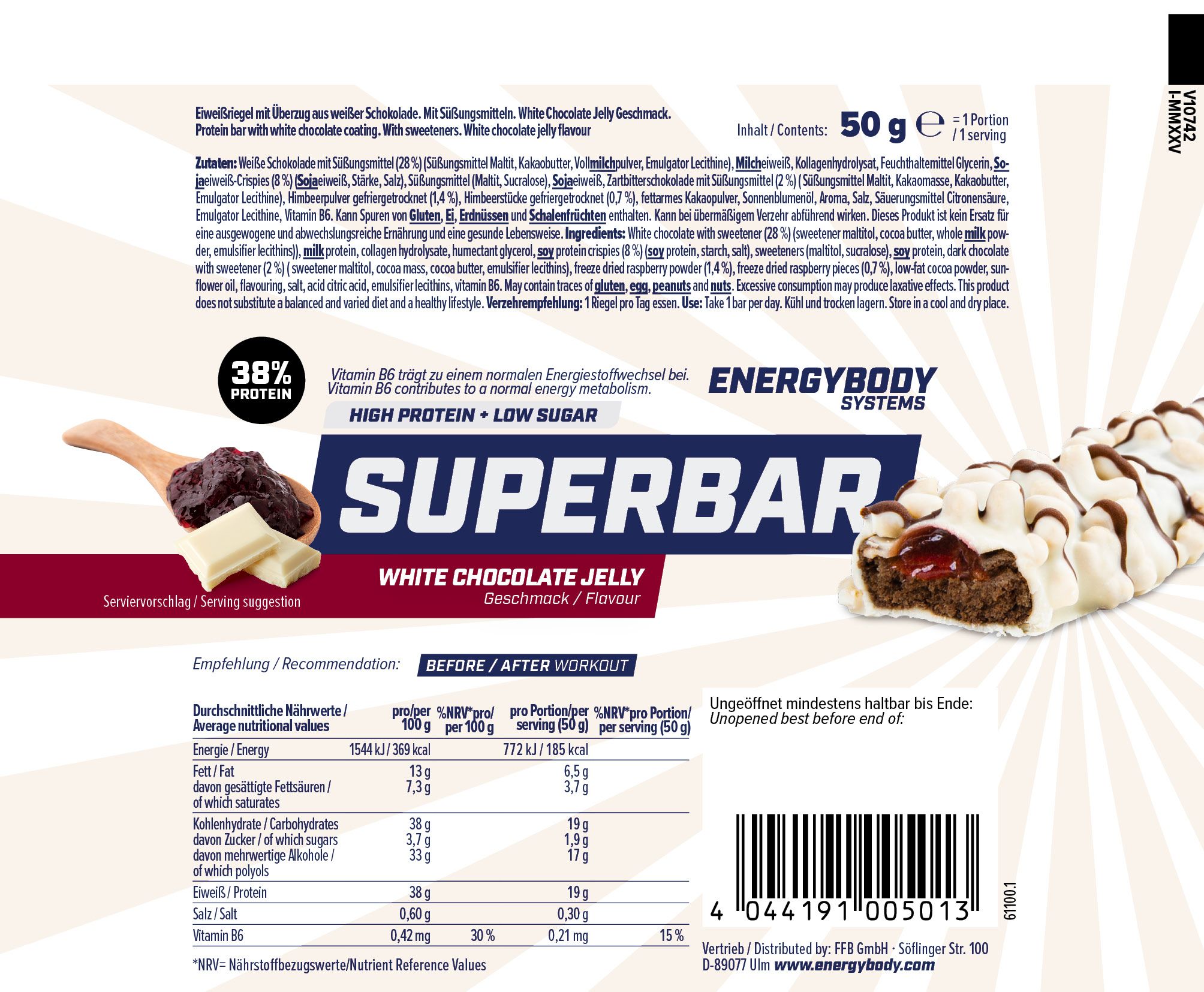 Rückseite der Superbar-Verpackung. Text: 38% Protein, High Protein, Low Sugar, Zutatenliste, Nährwertangaben.