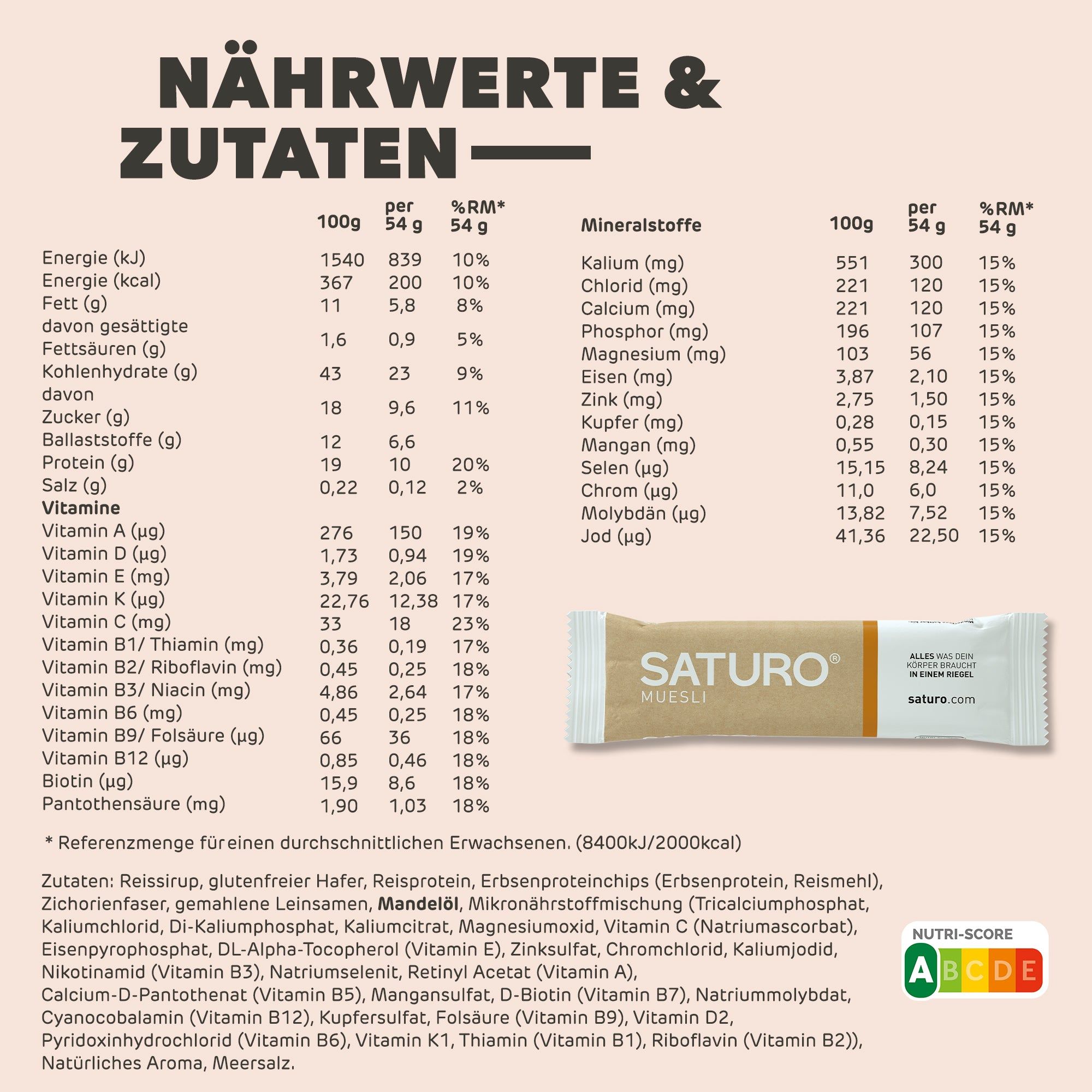 Saturo Energieriegel | Müsli | alle 26 Vitamine & Mineralstoffe, reich an Protein | vegan