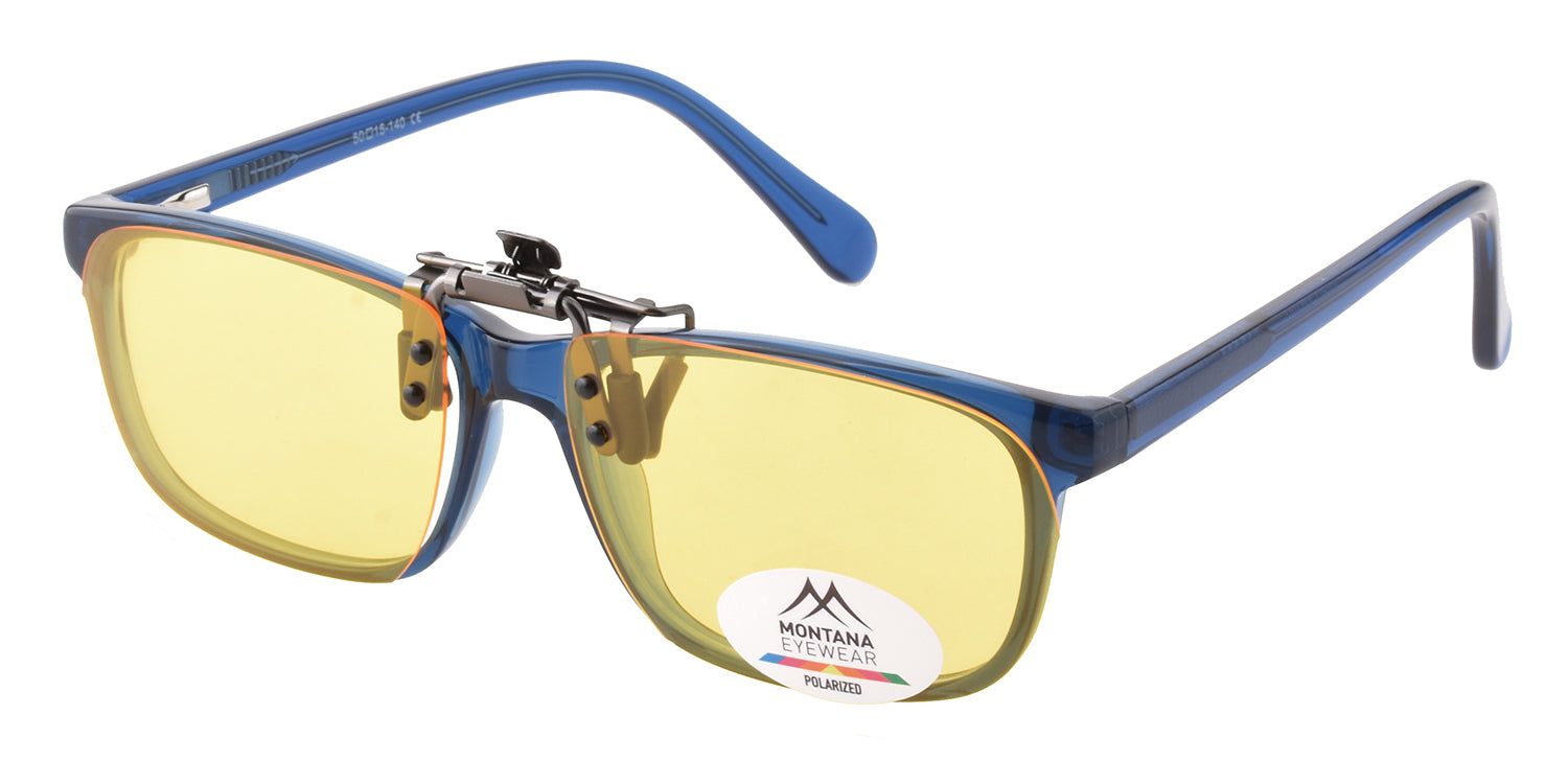 Montana Eyewear Mauritius Clip-on-Sonnenbrille mit blauer Brille. Gelbe Gläser, Metallclip, Polarized-Logo.