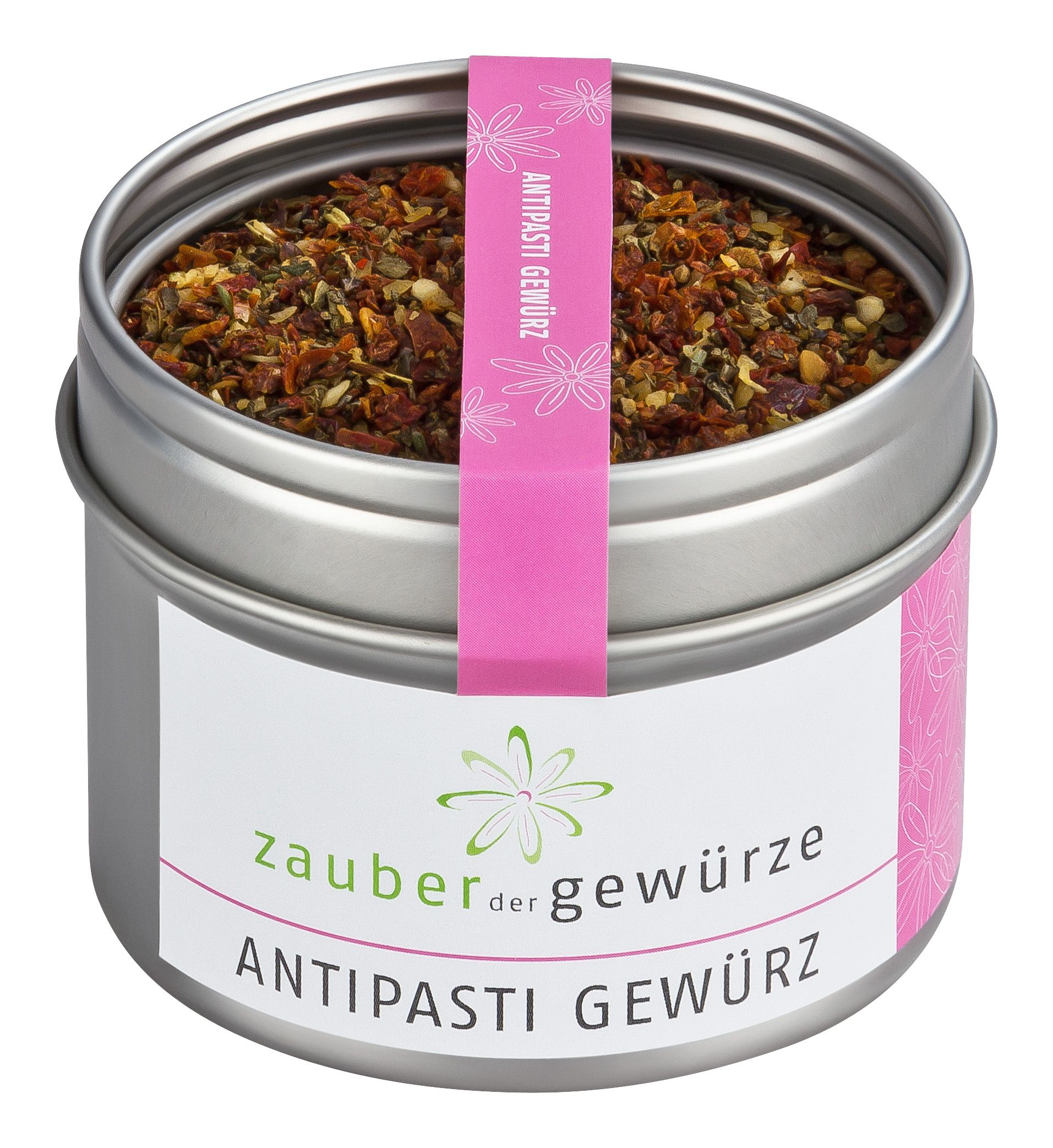 Metallbehälter mit Antipasti Gewürz. Rosa Etikett mit Schriftzug. Deckel geöffnet.