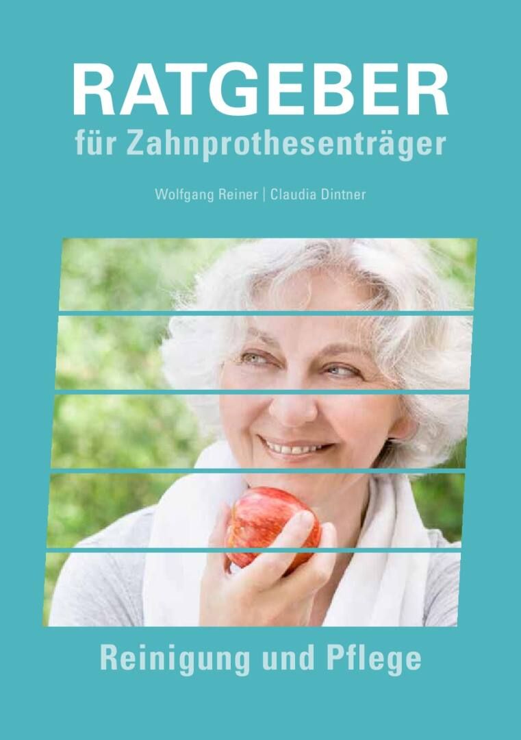 Buch mit Titel: RATGEBER für Zahnprothesenträger. Frau mit Apfel auf dem Cover.