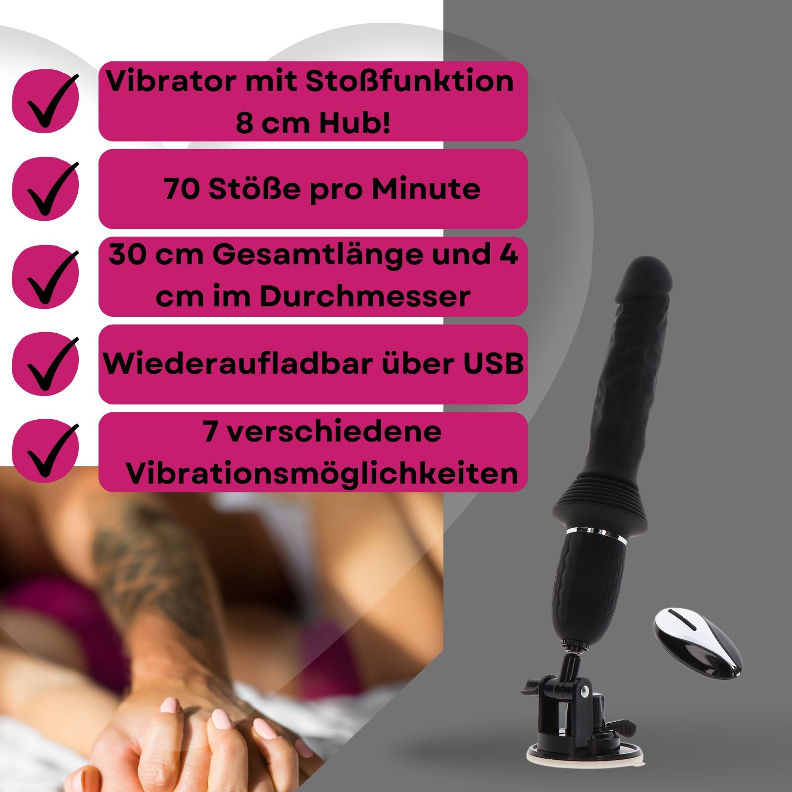 Schwarzer Stoßvibrator mit Stativ und Fernbedienung. Text: Vibrator mit Stoßfunktion, 8 cm Hub, 70 Stöße/Minute, 30 cm Länge, 7 Vibrationen.