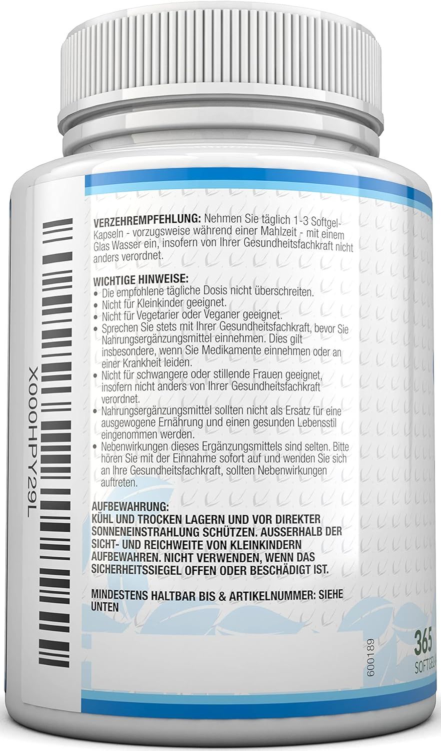 Retro del flacone Nu U Nutrition Omega 3 Fischöl. Testo con raccomandazioni e informazioni importanti. 365 capsule.