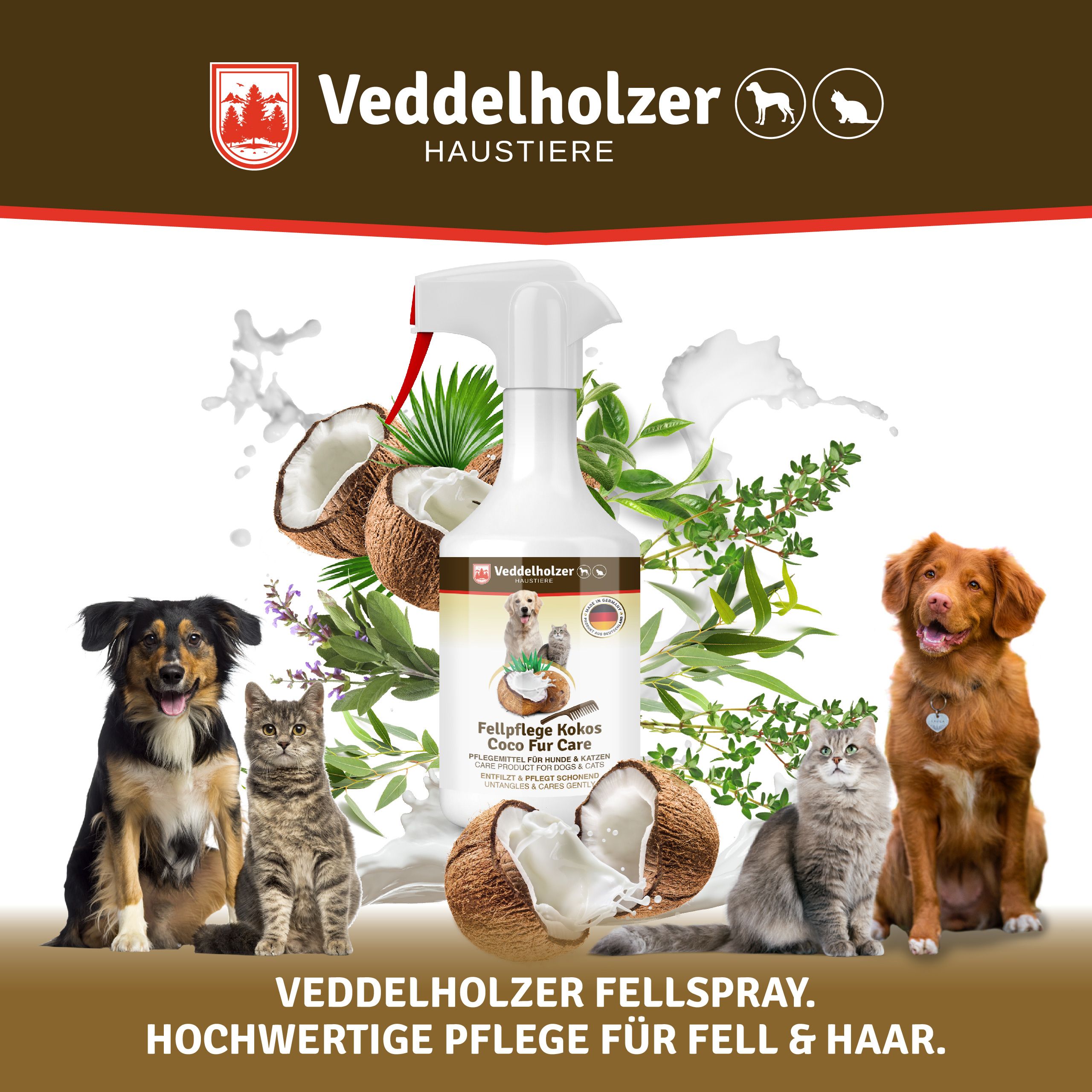 Flasche mit Fellpflege, Kokosnuss- und Tierabbildungen. Text: "Veddelholzer Fellspray. Hochwertige Pflege für Fell & Haar".