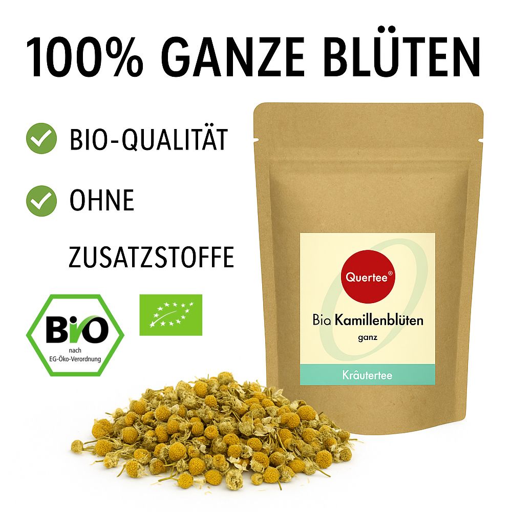 Beutel mit Kamillenblüten und lose Blüten daneben. Aufdruck: Quertee® Bio Kamillenblüten ganz, Kräutertee. Bio-Siegel.