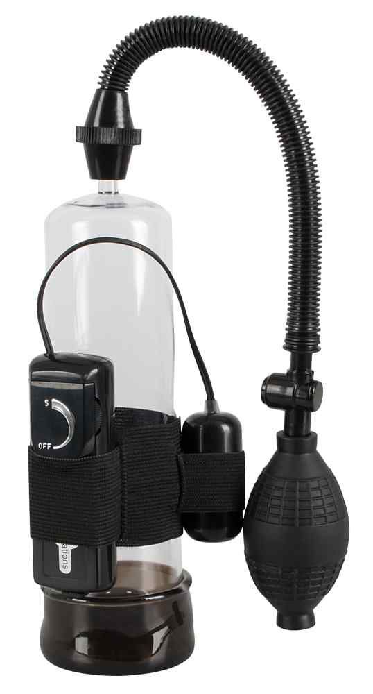 Vakuumpumpe mit Zylinder, Schlauch, Pumpe und Steuerung. Schwarze und transparente Elemente. Mit Vibrationsfunktion.