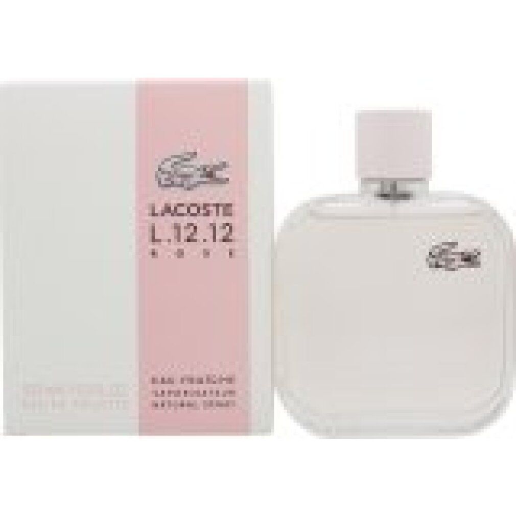 Weißer Karton und Flakon. Logo LACOSTE L.12.12 ROSE. Eau de Parfum.