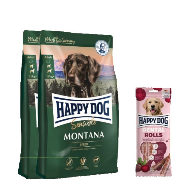 Happy Dog Sensible Montana Doppelpack + Dental Rolls für Hunde 20,1 kg