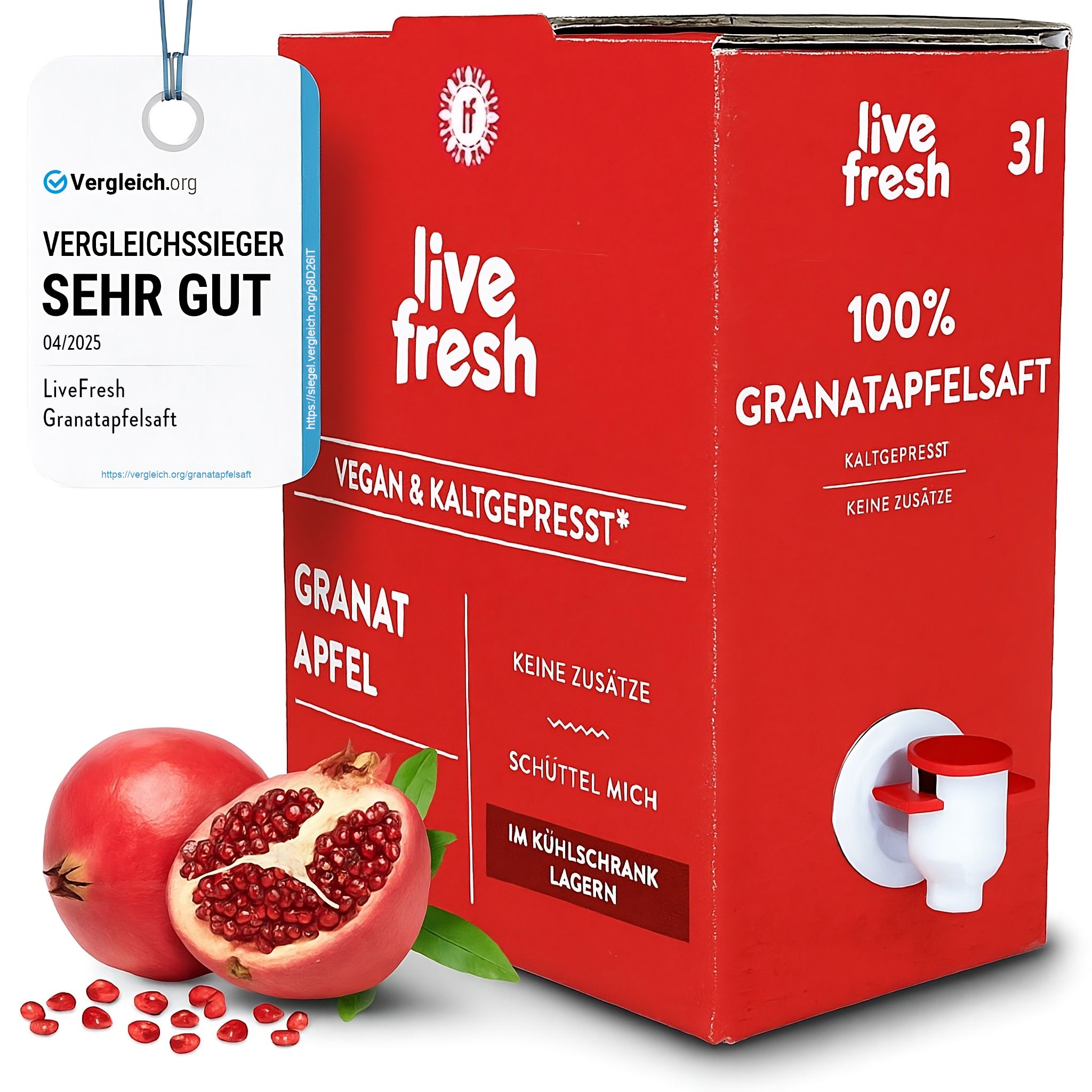 Rote Saftbox mit Zapfhahn, Granatäpfeln und Zertifikat. Aufschrift: 100% Granatapfelsaft, vegan & kaltgepresst. Siegel: Sehr gut.