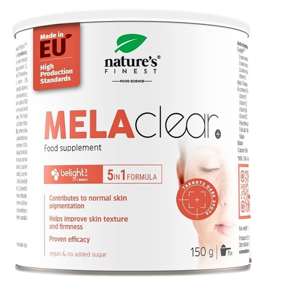 Weißes Produkt mit roter Aufschrift MELAclear. Dose mit grünem Blatt-Logo. Enthält 150g. Made in EU.