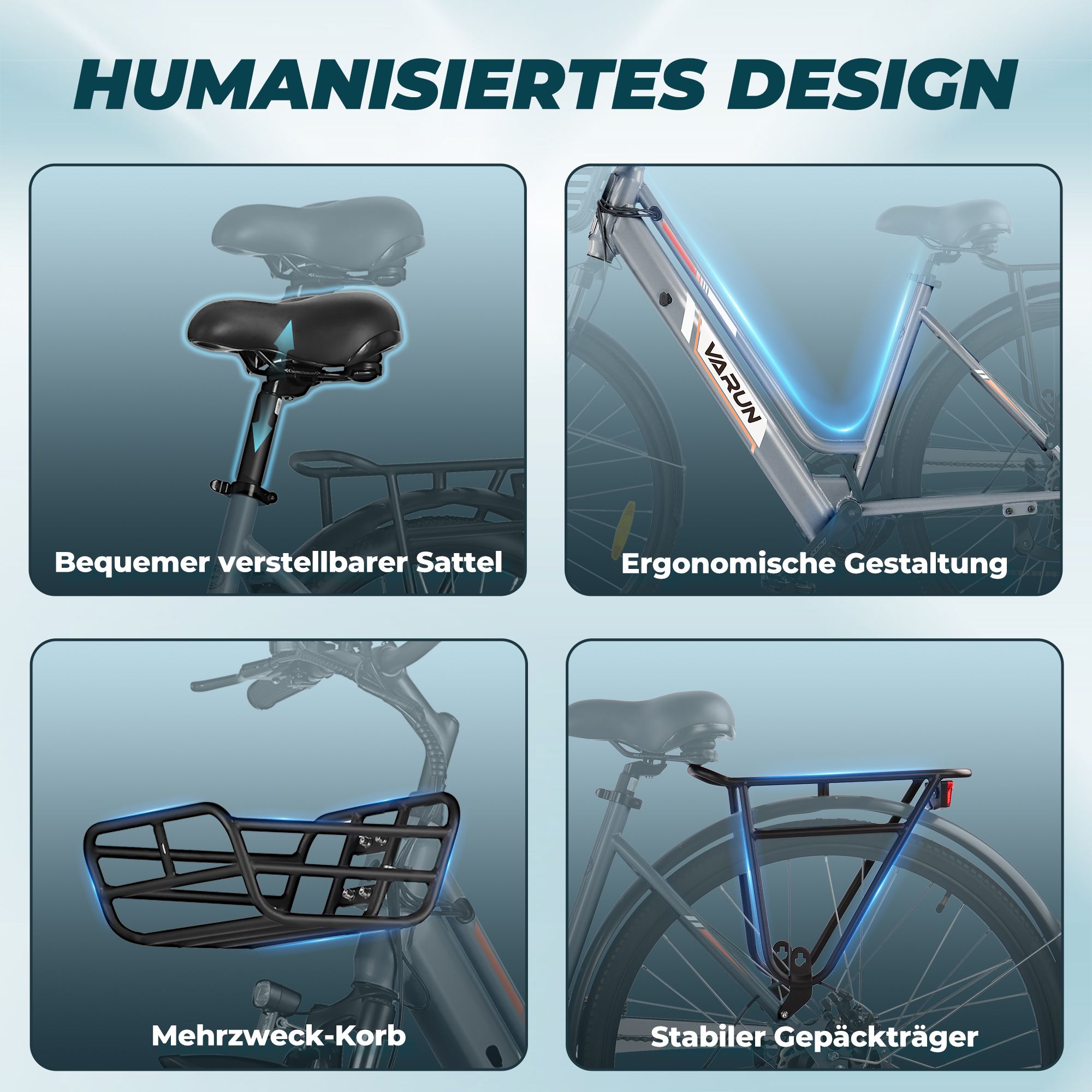E-Bike-Details: Bequemer Sattel, ergonomisches Design, Mehrzweck-Korb, Gepäckträger. Marke VARUN.