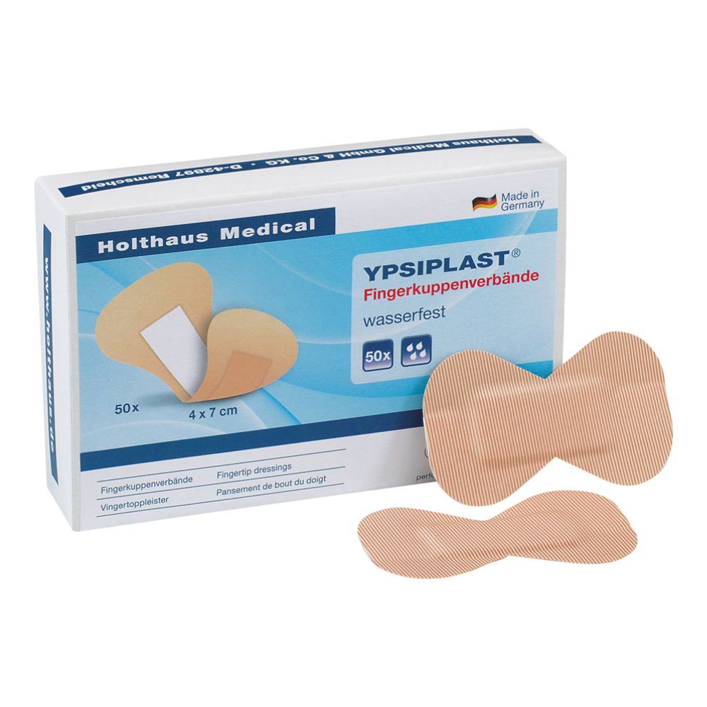 Holthaus Medical Ypsiplast Fingerkuppenverbände. Beige Fingerkuppenpflaster, 4x7cm. Packung mit 50 Stück. Wasserfest.