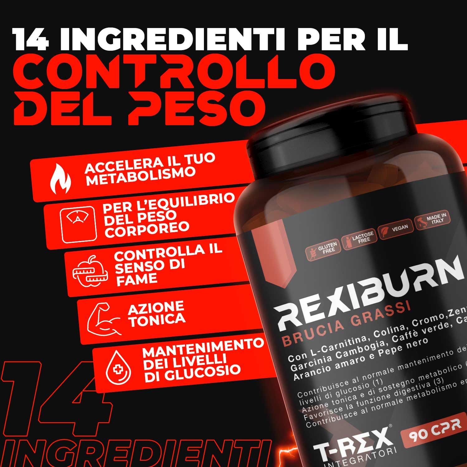 Testo: 14 ingredienti per il controllo del peso. Flacone del prodotto: REXIBURN Bruciagrassi. 90 compresse. Senza glutine, vegano.