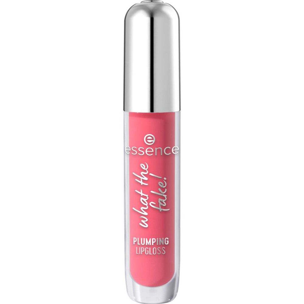 Geschlossener Lipgloss-Flakon. Rosa Lipgloss, silberne Kappe, transparente Hülle. Aufschrift: Essence, What the Fake!, Plumping Lipgloss.