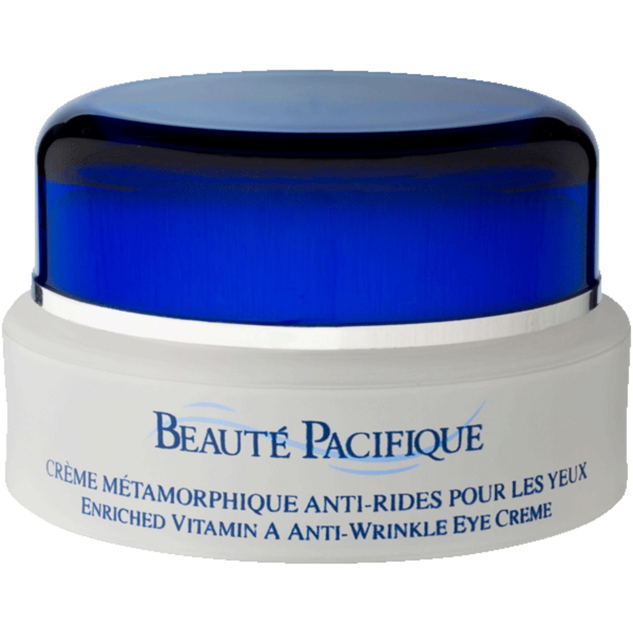 Creme-Glas mit blauem Deckel. Aufschrift: Beauté Pacifique, Crème Métamorphique Anti-Rides Pour Les Yeux, Enriched Vitamin A Anti-Wrinkle Eye Creme.
