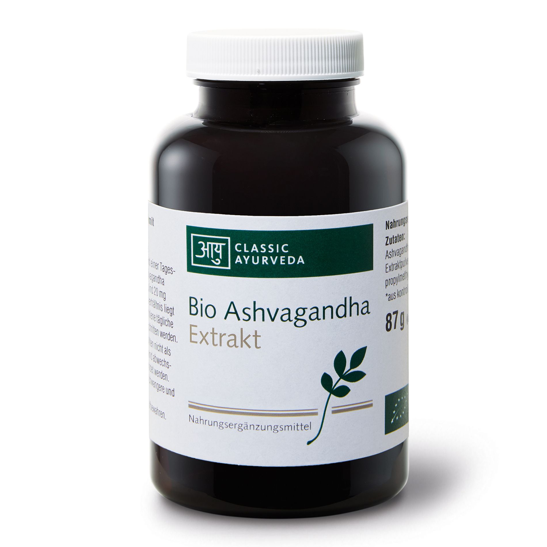 Braune Flasche mit weißem Deckel. Aufschrift: Bio Ashwagandha Extrakt. Label mit Logo und Text.