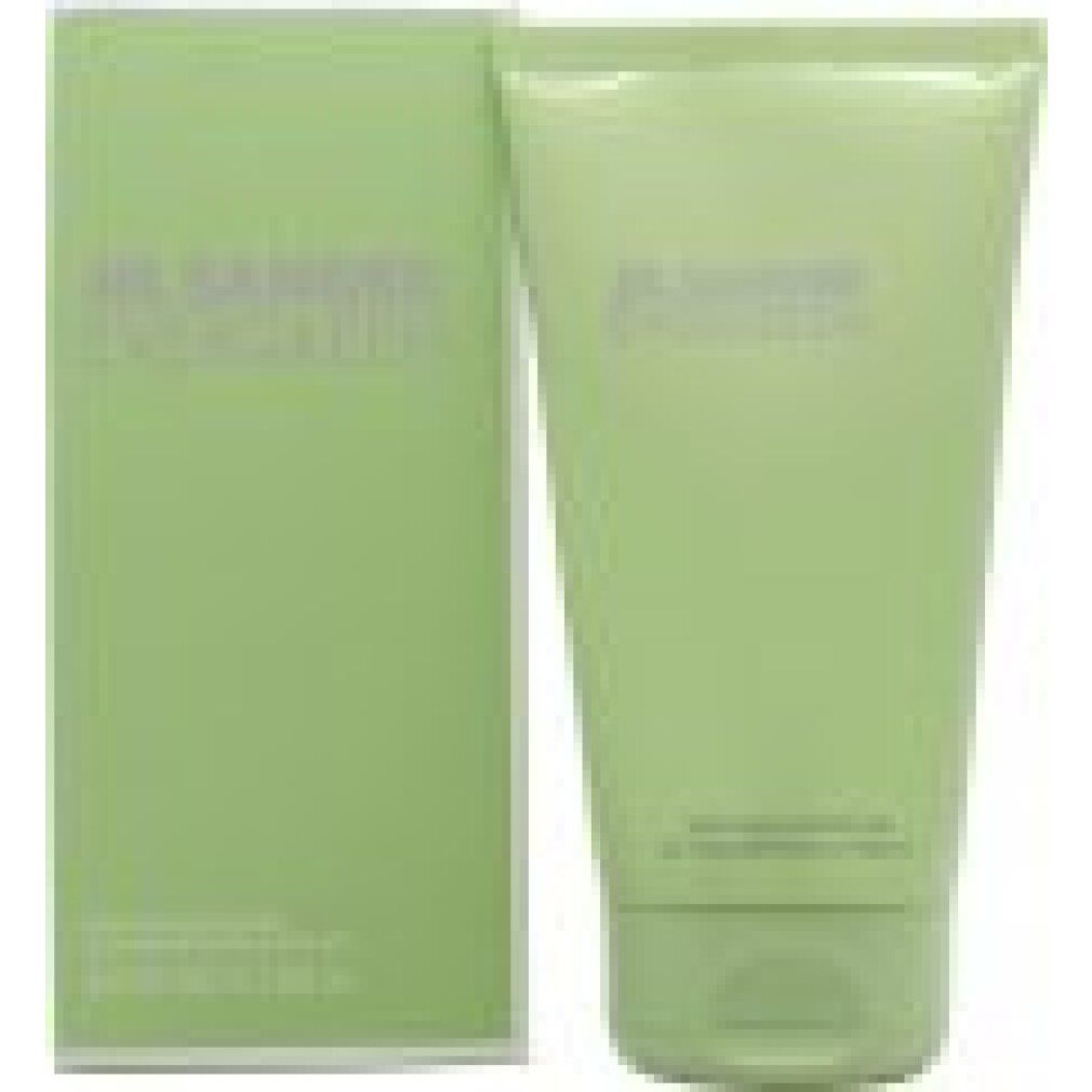 Hellgrüne Tube und Verpackung mit Jil Sander Evergreen-Aufdruck. Text: Perfumed Shower Gel. 5.0 FL OZ e 150 ml.