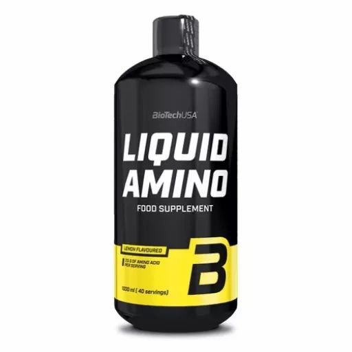 Schwarze Flasche mit gelben Akzenten. Aufschrift: Liquid Amino Food Supplement. Zitronengeschmack. BiotechUSA.