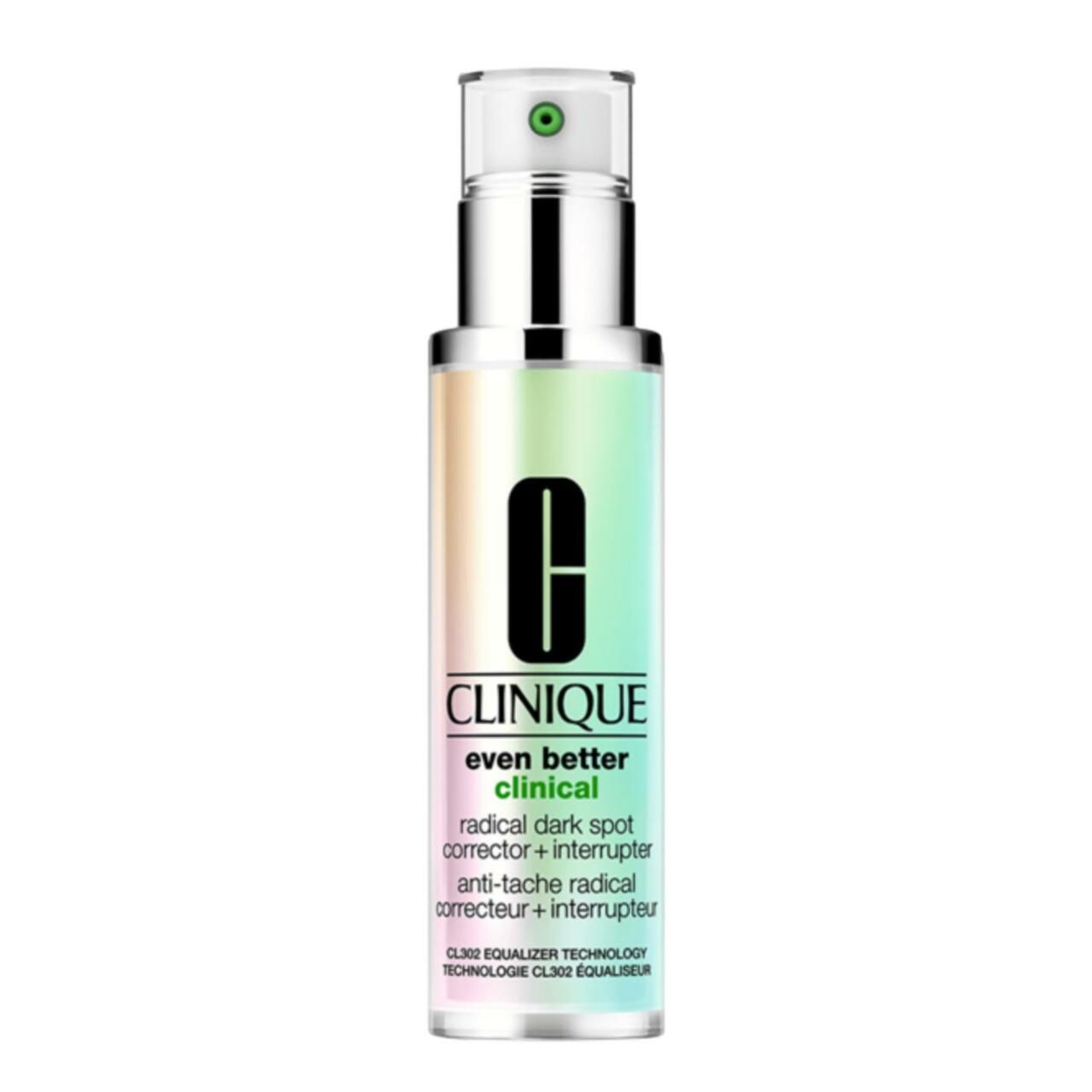 Clinique Even Better Clinical. Flasche mit Pumpe, farbiger Verlauf. Schriftzug: radical dark spot corrector + interrupter.