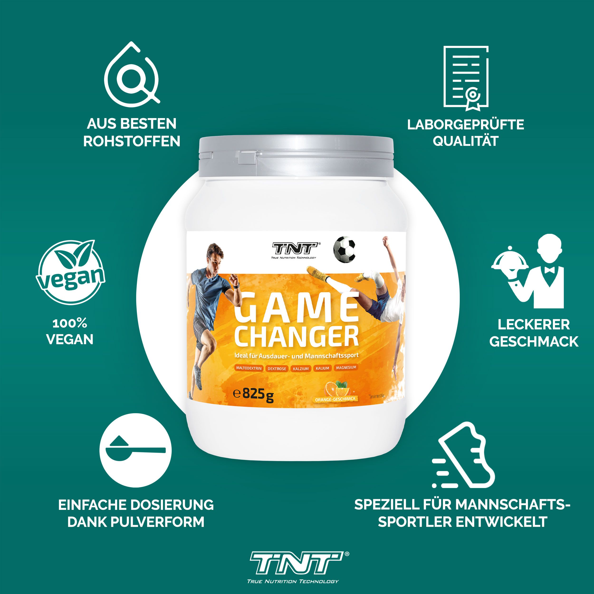 Produktglas "GAME CHANGER" mit Logos und Text. Runde Icons mit Text. Vegan, Laborgeprüft, leckerer Geschmack.