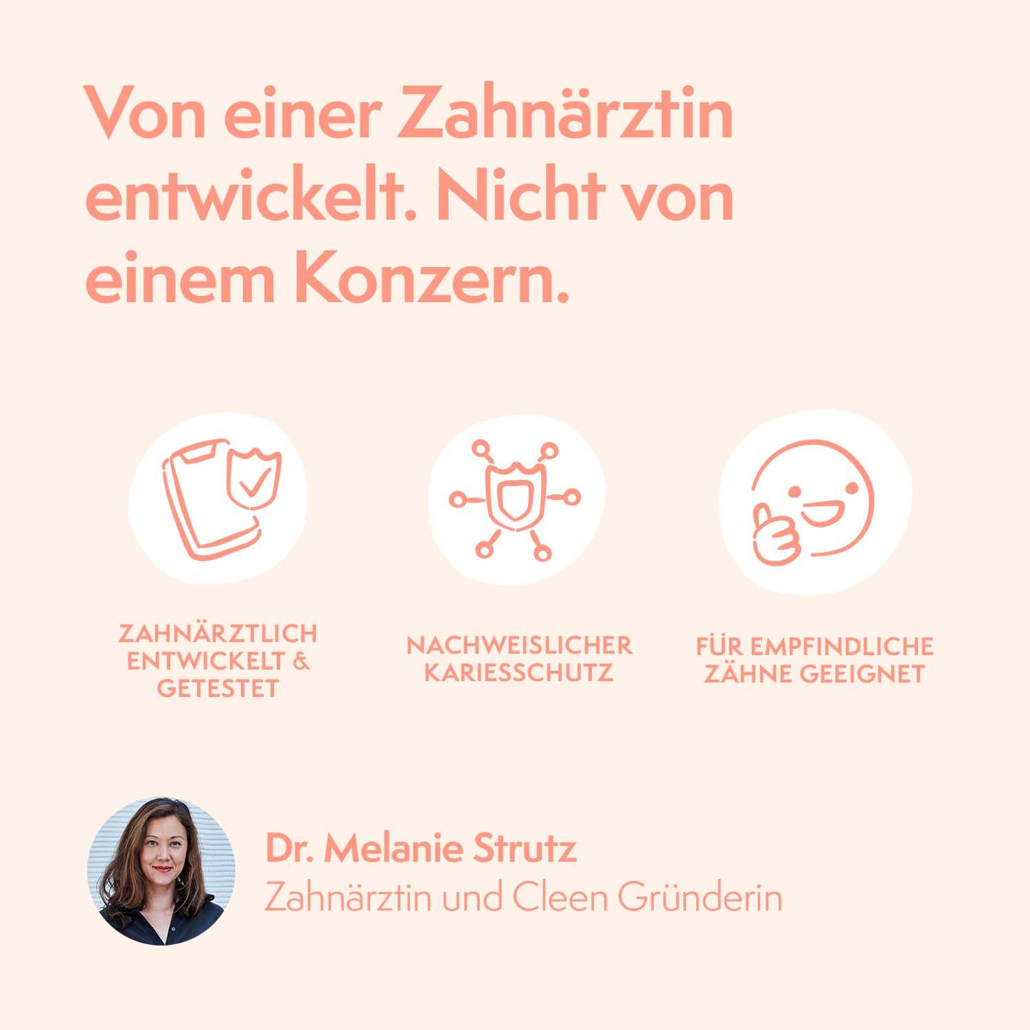 Grafik mit drei Symbolen: Zahnärztlich entwickelt & getestet, nachweislicher Kariesschutz, für empfindliche Zähne geeignet. Dr. Melanie Strutz.