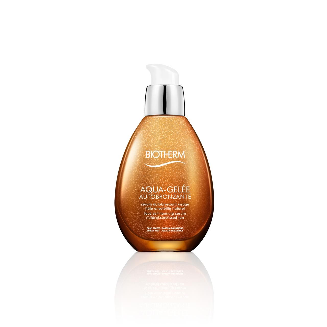 BIOTHERM Aqua-Gelée Selbstbräuner. Goldfarbene Flasche mit Pumpe. Produktname und Schriftzug sichtbar.