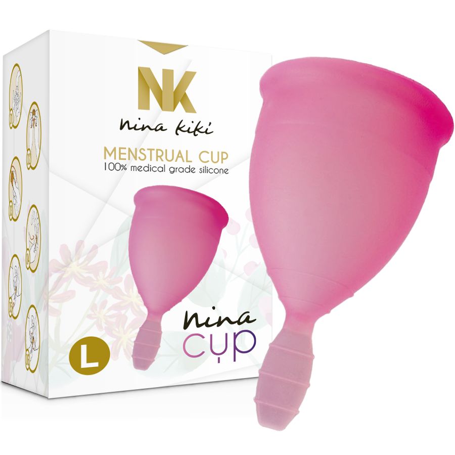 Rosa Menstruationstasse mit Stiel und Verpackung. Aufdruck: Nina Kikí, Menstruationstasse, L. 100% medizinisches Silikon.