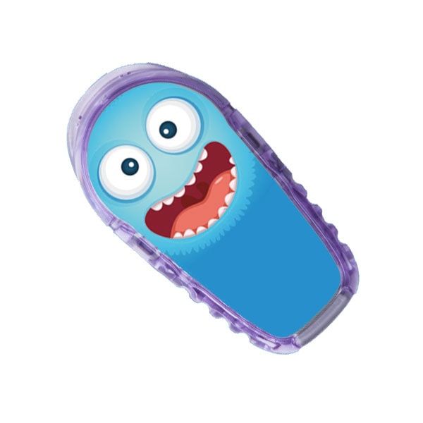 Blauer Aufkleber mit Monstergesicht. Große Augen, lächelnd. Rechteckige Form mit abgerundeten Ecken.