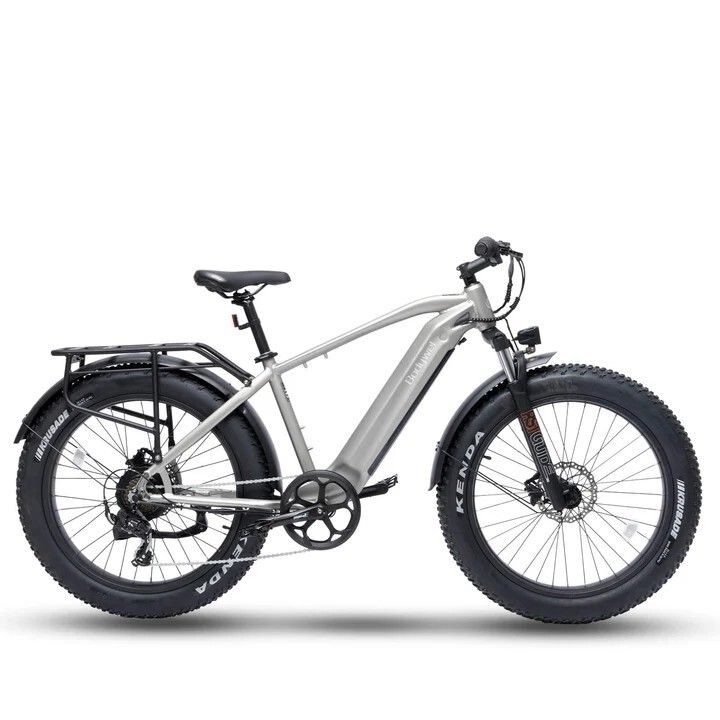 Graues E-Mountainbike mit schwarzen Reifen und Gepäckträger. Kenda-Reifen. Scheibenbremsen. Bodywel D6.