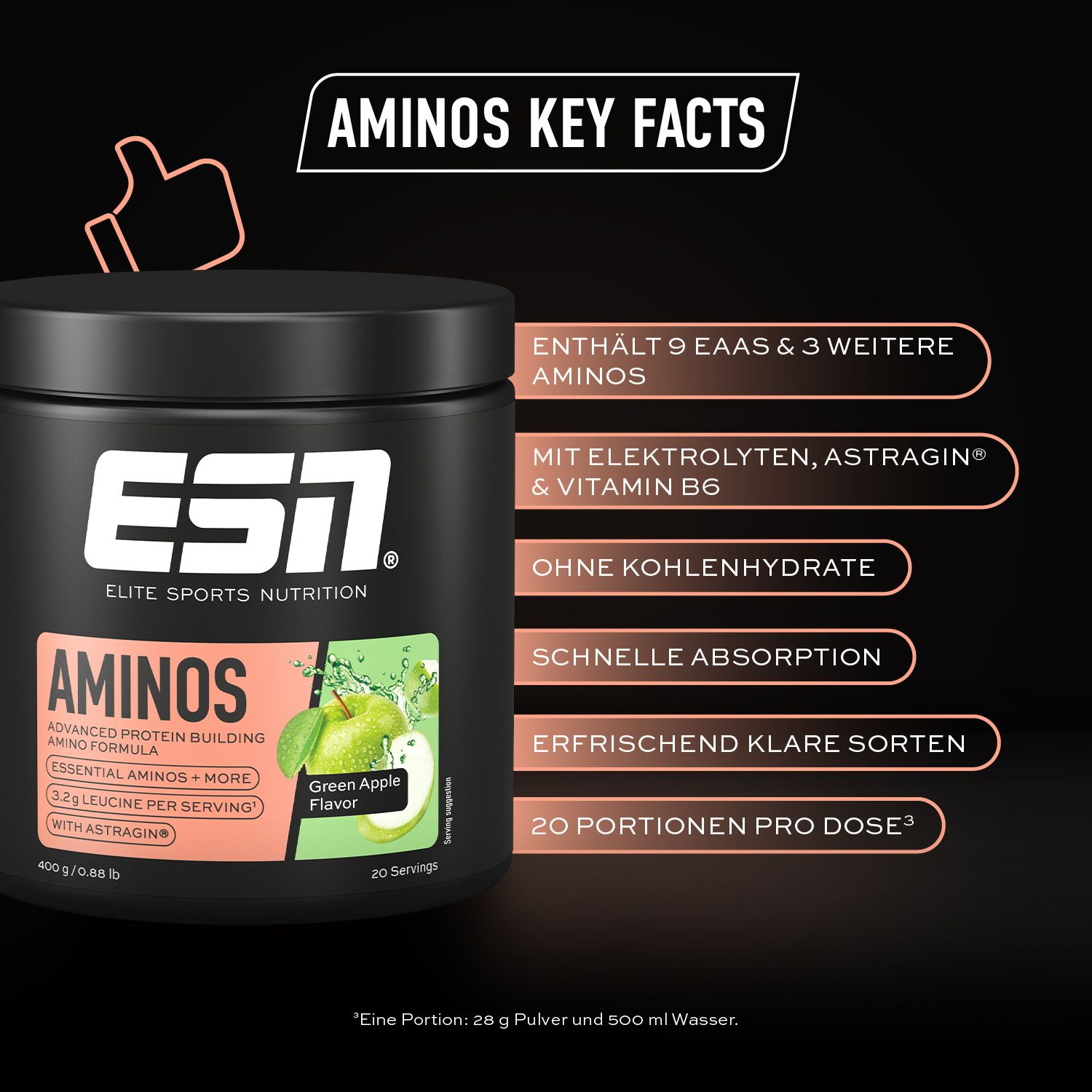 ESN Aminos Dose, Grün-Apfel-Geschmack. Text: Enthält 9 EAAs & 3 weitere, mit Elektrolyten, ohne Kohlenhydrate, schnelle Absorption, 20 Portionen.