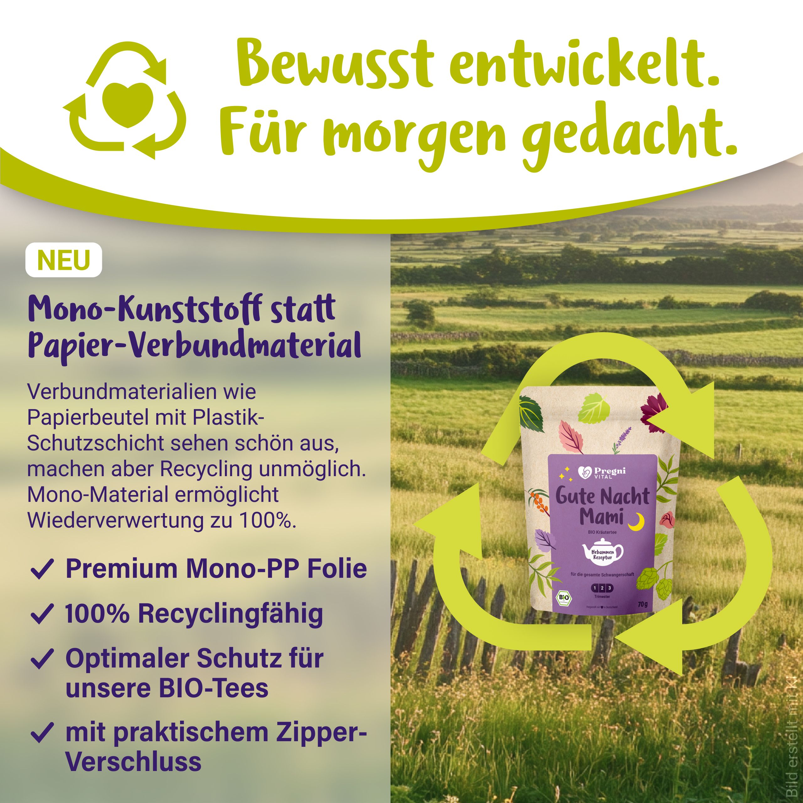 PregniVital Gute Nacht Mami BIO Kräutertee Beutel in einer Landschaft. Pfeile zeigen Recycling-Symbol.