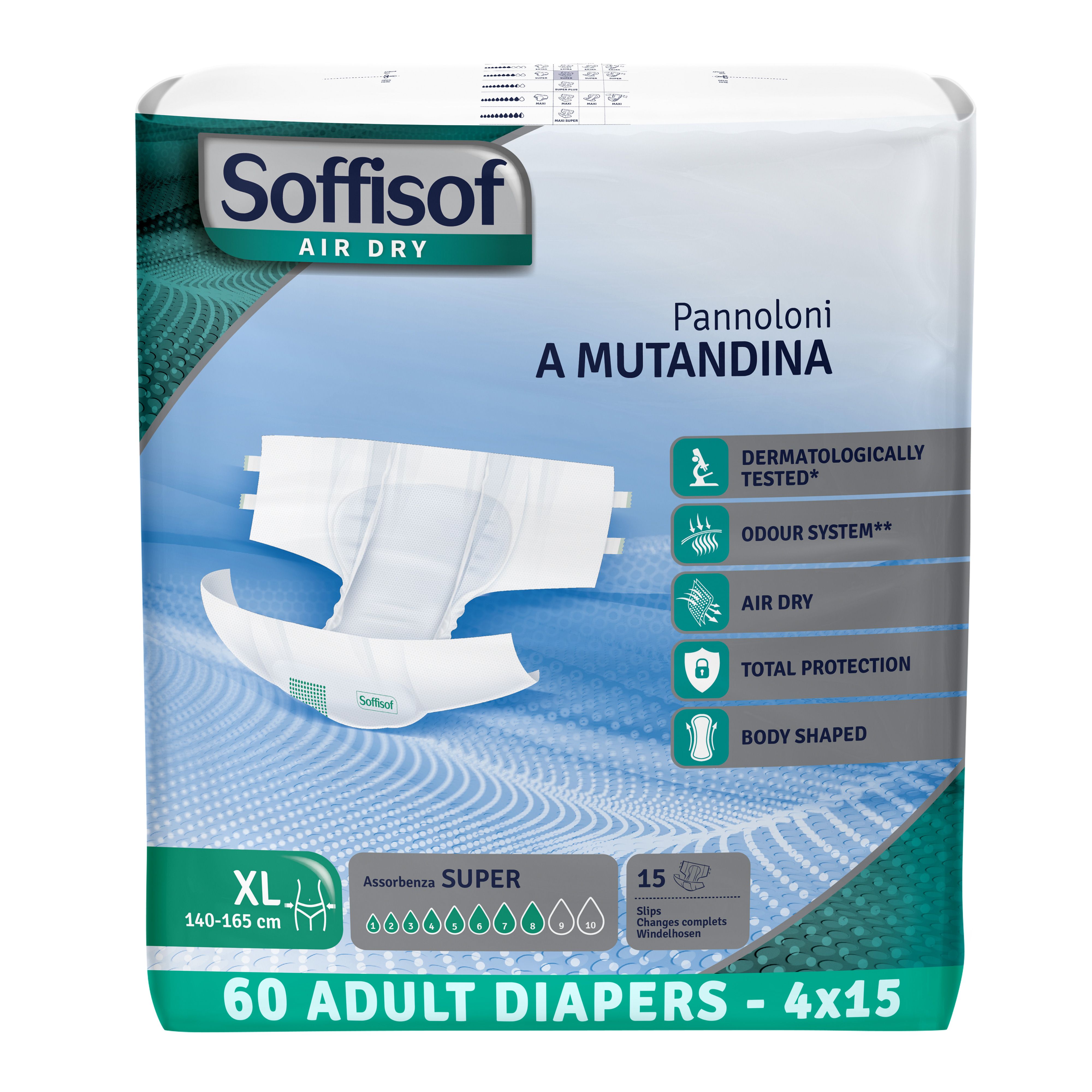 Soffisof Air Dry Super, XL, 60 luiers. Dermatologisch getest, geursysteem, ademend.