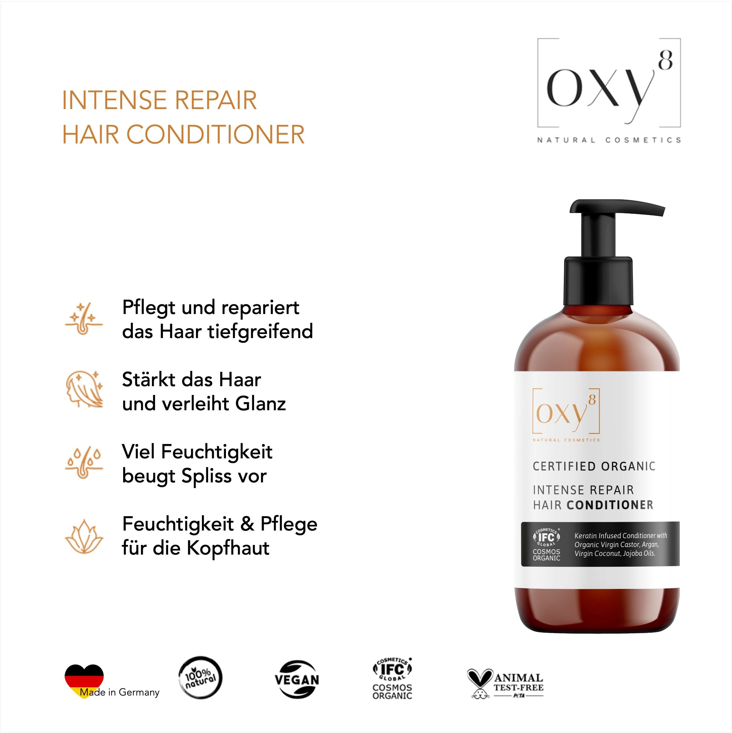 oxy8 Naturkosmetik Intense Repair Hair Conditioner - Haarspülung. Repariert das Haar tiefgreifend. 250 ml Haarspülung