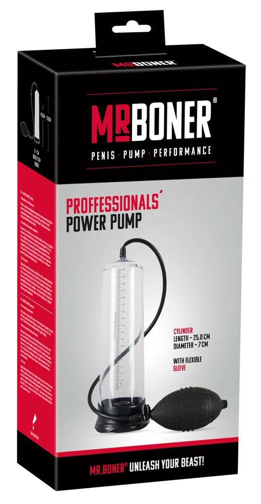 Verpackung von Mister Boner Professionals Power Pump. Schwarze Box mit Produktabbildung. Zylinder, ca. 25 cm lang, mit Pumpe und Schlauch.