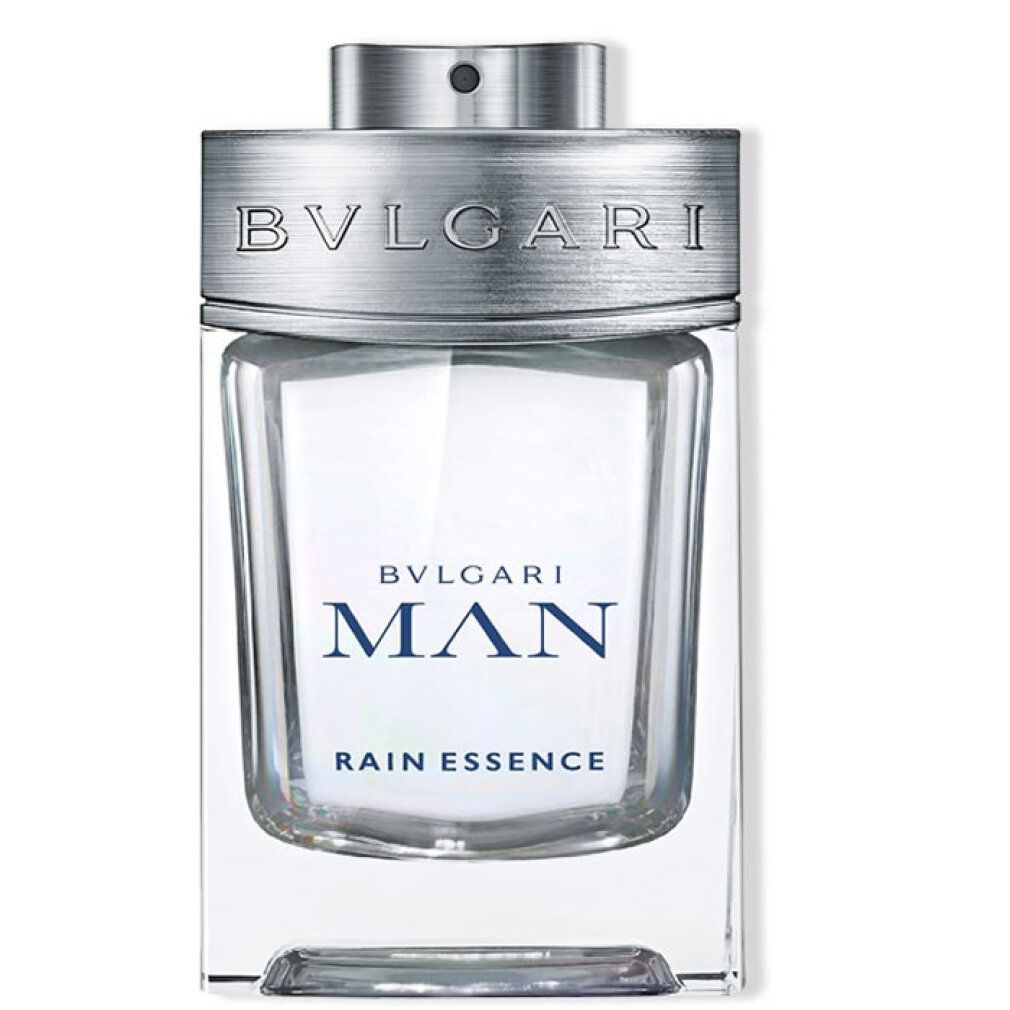 Bvlgari Man Rain Essence Eau de Parfum Spray Flakon mit silbernem Verschluss.
