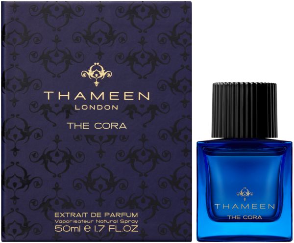 Blaues Parfumflakon und Schachtel. Aufschrift: Thameen London, The Cora. Extrait de Parfum. 50ml e 1.7 FL.OZ.