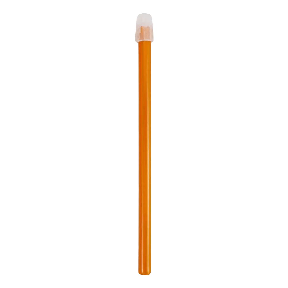 Orangefarbener Speichelsauger mit weißem Aufsatz. Stabförmig, zylindrisch. Aufsatz transparent.