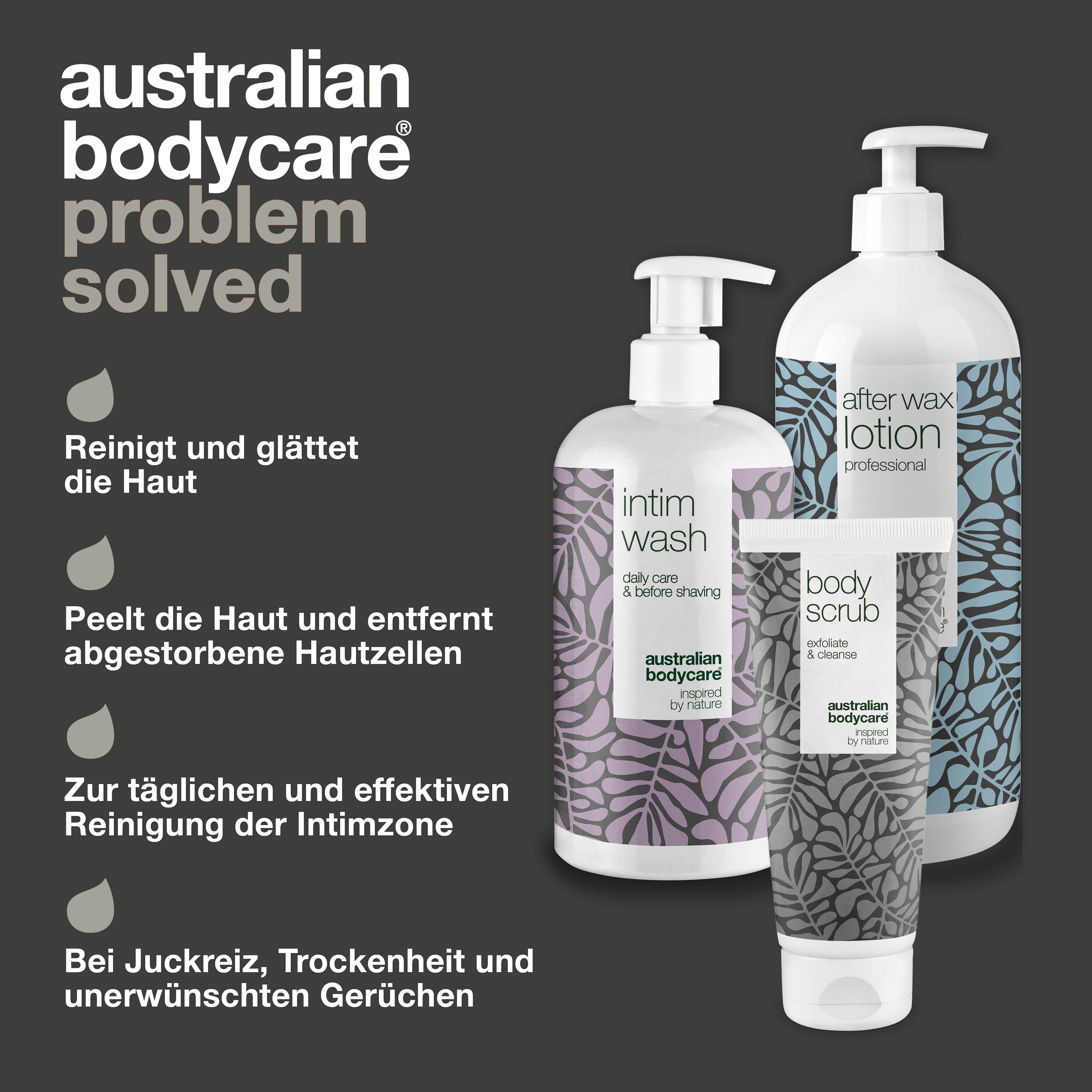 Drei Produkte: Intim Wash, After Wax Lotion, Body Scrub. Text: Australian Bodycare. Text in Deutsch.
