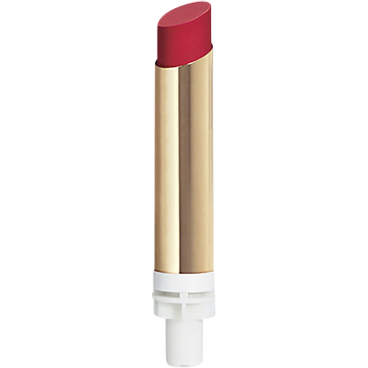 Rote Lippenstift-Nachfüllung. Goldfarbene Hülse, weißer Sockel. Schräg angeschnitten.