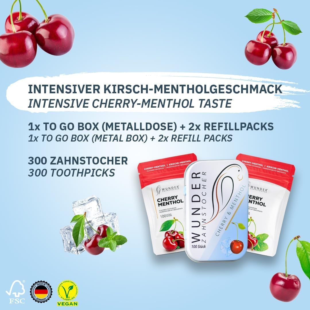 Drei Packungen Zahnstocher mit Kirsch-Menthol-Geschmack, eine Metallbox, Kirschen, Minze und Eiswürfel. Text.