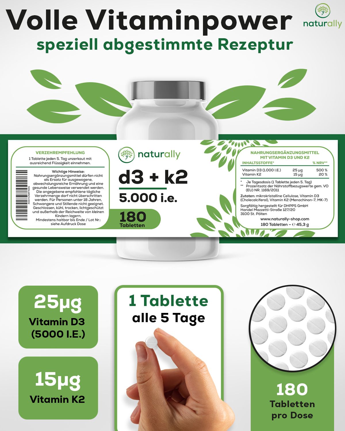Produktabbildung mit Textfeldern. Flasche mit Etikett: naturally, d3 + k2, 5.000 i.E., 180 Tabletten. Zusätzliche Informationen.