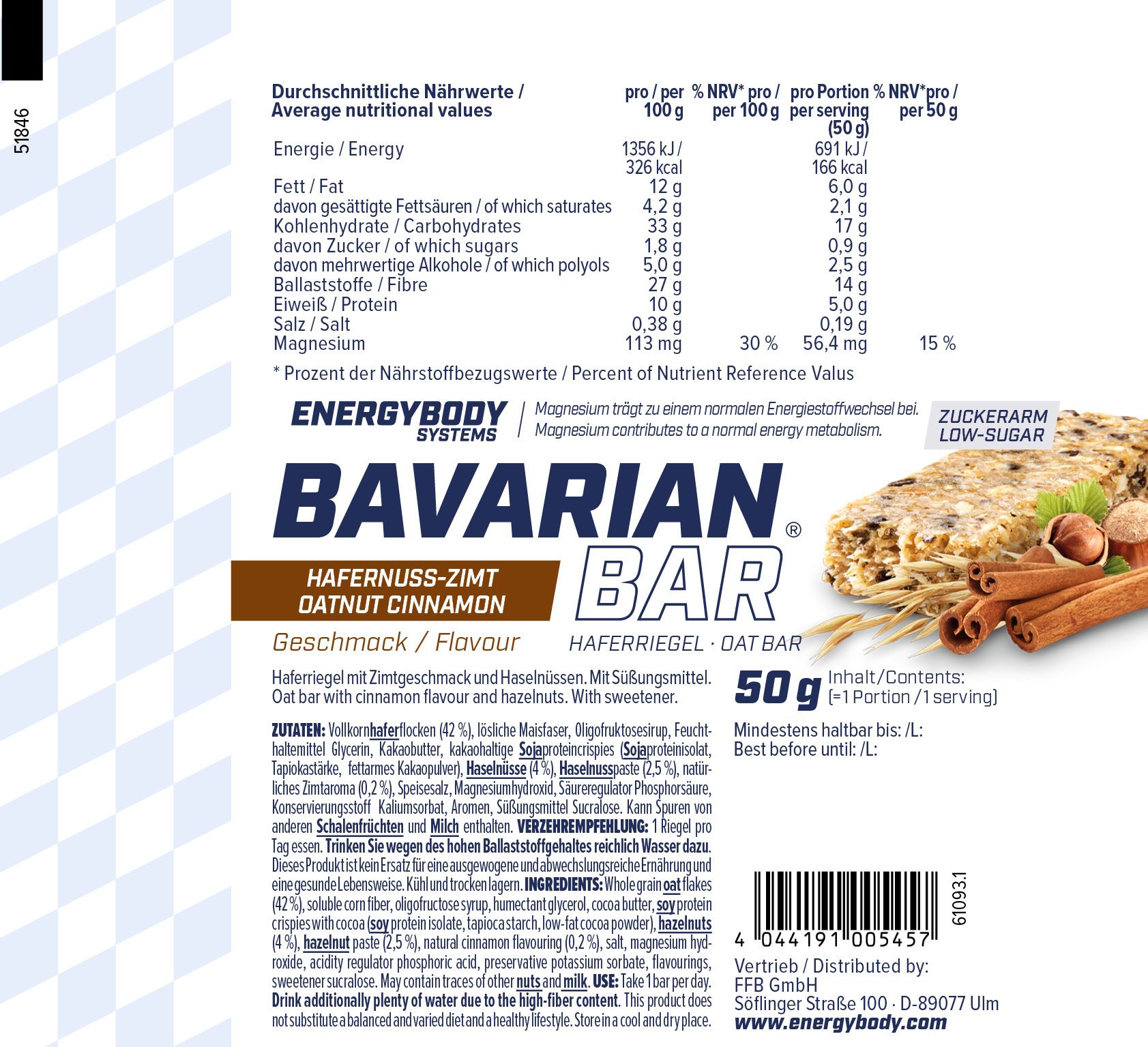 Verpackung der Energybody Bavarian Bar. Enthält Nährwertangaben und Zutaten. Geschmack: Hafer-Nuss-Zimt. 50g. Low-Sugar.