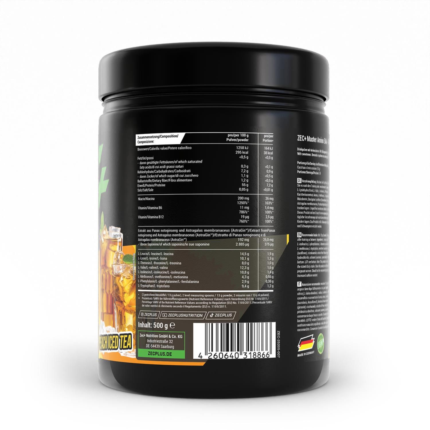 Rückseite der schwarzen Dose. Enthält Nährwertangaben und Zutatenliste. Mit Barcode und "Made in Germany"-Siegel.