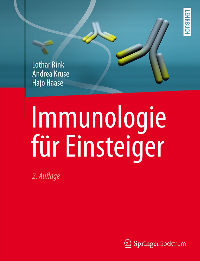 Buchcover mit Titel "Immunologie für Einsteiger". Autoren: Rink, Kruse, Haase. Verlag Springer Spektrum. Abbildung von Antikörpern.
