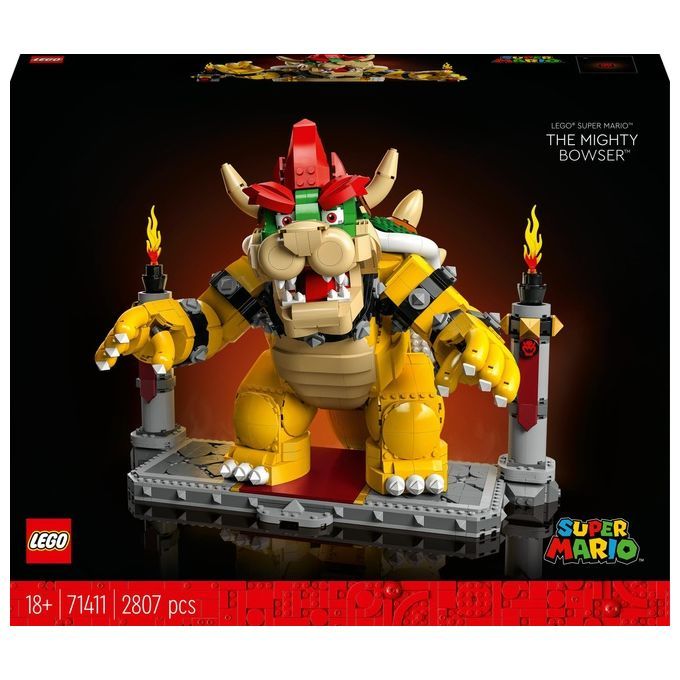 Figura LEGO Super Mario Bowser. Giallo, rosso e verde. Su una piattaforma con torce. Confezione con logo e testo.